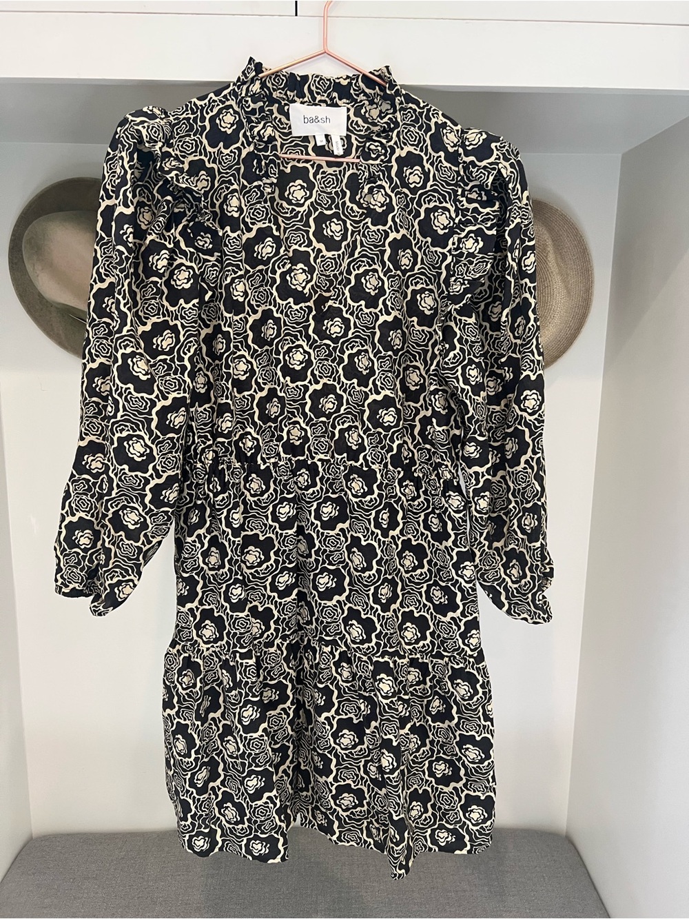 ba&sh Grazie Black and Cream Floral Long Sleeve Dress